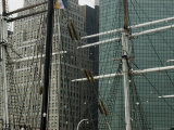 New York Skyline Behind Two Old Sailing Ships at South Street Seaport