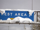 Rest Rea Sign at Donner Summit Covered in Fresh Snow  California