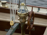 Ship's Wheel and Compass at the Helm of a Wooden Sailboat  Mystic  Connecticut