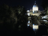 The Royal Exhibition Building Lit Up Night  Reflecting in the Lake  Australia