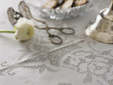 White Hemstitch Tablecloth with Ranunculus and Cake Tongues