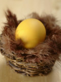 A Yellow Easter Egg in Small Basket with Feathers