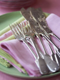 Decorative Silver Forks and Fish Knives on Fabric Napkins