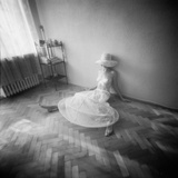Pinhole Camera Shot of Sitting Topless Woman in Hoop Skirt