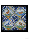 Reclining Stag  Duck  Crane  And Fox on Four Tile Panel  c1600-50