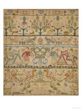 Hearts  Shrubs  Birds  And Men in Dress with an Inscription at the Bottom Sampler