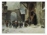 Young Boys Leaving a Church School Building onto a Snow Covered Courtyard  c1853
