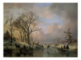 Skating in Holland  Showing a Winter Scene with Ice-Scaters and with a Windmill in the Background