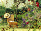 Summer Garden in France with Cane Seat with Stand of Purple Echinops and Pleached Apple Tree