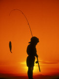 Silhouette of Boy Fishing at Sunset