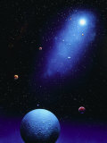 Illustration of Blue Planets and Stars