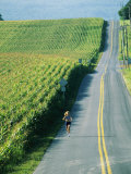 A Woman Jogs Down a Country Road Alongside a Field of Corn