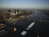 Aerial View of Barges Traveling the Mississippi River Past St Louis