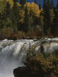A Waterfall Cascades Past Forests  Bright with Autumn Foliage