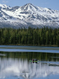 Two Kayakers Paddling on Byers Lake with Alaska Range in Background
