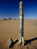 A Garden Gnome at a Bus Stop in an Outback Desert Town