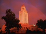 A Rainbow Shines Over the Nebraska State Capitol after a Storm