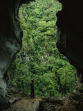A Man Stands at the Mouth of a Fluvial Cave Near Lush Slope