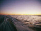 A View from a Speeding Boat as it Leaves a Wake at Twilight