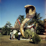 Vacationers Looking at Statue of Huge Cobra Outside Small Bldg