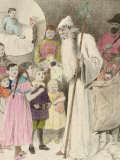 Illustration of Nicolo and the Krampus  Showing a Saint Nicholas Giving Presents to Children