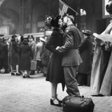 Couple in Penn Station Sharing Farewell Kiss Before He Ships Off to War During WWII