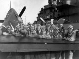 US Navy Pilots Give Grinning Group Portrait Across Tail of F-6F Hellcat on Board USS Lexington