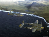 Excellent of a Squadron of American P-38 Fighters in Flight over an Aleutian Island
