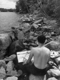 Male Art Student Painting a Watercolor of the Rocky Shoreline and Boat at Skowhegan Art School