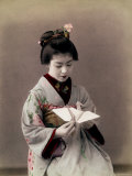 Hand Tinted Photograph of Japanese Dancing Girl Making Paper Bird