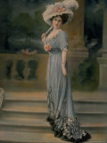 Model Wearing Pale Blue Robe de Diner  with Pink Rose Pinned to Bust and Large White Feathered Hat