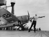 Close Up of Fighter Plane Before Takeoff from Flight Deck of Aircraft Carrier "Enterprise"