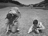 Farm Children Gleaning Field After Wheat Harvest