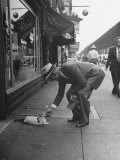Man Bending over to Touch Cat Sitting on Sidewalk