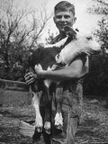 Kansas Farm Boy Dan Gardner Holding His Wiggling 2 Month Old Hereford "He" Calf