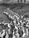 Communist Prisoners Stripped Down to Their Underwear Are Marched to the Rear by Marine Guards