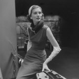 Model Wearing Gray Flannel Sheath and Mink Scarf