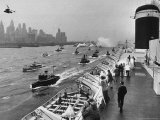 People Walking and Standing on the Deck of Oceanliner United States with City Skyline in Background