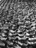 Coeds at the University of New Hampshire Executing Front Fall Exercise on Gymnasium Floor