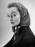 Lantern Paisley Printed Babushka Worn by a French Model  Designed by Hubert de Givenchy