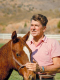 California Governor Candidate Ronald Reagan Petting Horse at Home on Ranch
