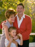 Actor and California Gubernatorial Candidate Posing with Wife Nancy and Son Ronnie Outside at Home