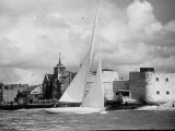 British Yacht Sceptre in Portsmouth Harbor  Making Trail Run For America's Cup Race