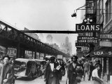 New York Street Scene  with Pedestrians Passing Pawn Shop with Elevated Sixth Ave Subway Line