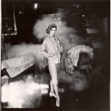 French Fashion Model Simone Bodin Posing at Tannery in Leather Suit Printed in Small Neat Design
