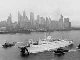 Aerial View of MS Stockholm Entering Harbor After Crash with SS Andrea Doria Against Skyline