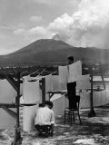 View of Mount Vesuvius from the Town of Torre Annunciata with Men Tending to Drying Pasta