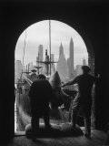 Men Unloading Coffee at Brooklyn Dock View of Downtown Manhattan in Background