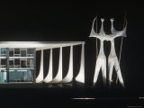 Sculptures in Front of Oscar Niemeyer Designed Building Lit Up at Night