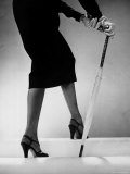 Model Wearing Tight Skirt and Stripped Patent Sandals with New Heelless Stockings